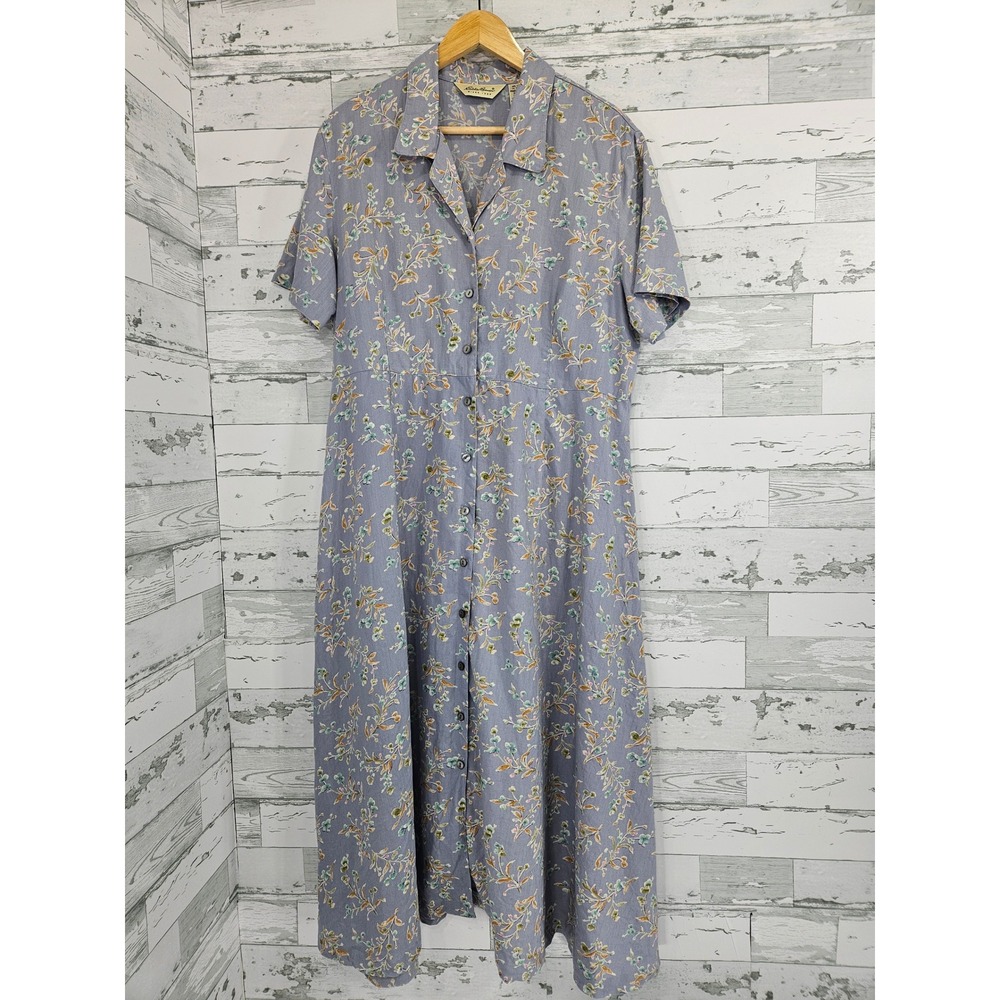 Eddie Bauer Vintage 100% Linen Floral Maxi Shirt Dress Blue Petite XL